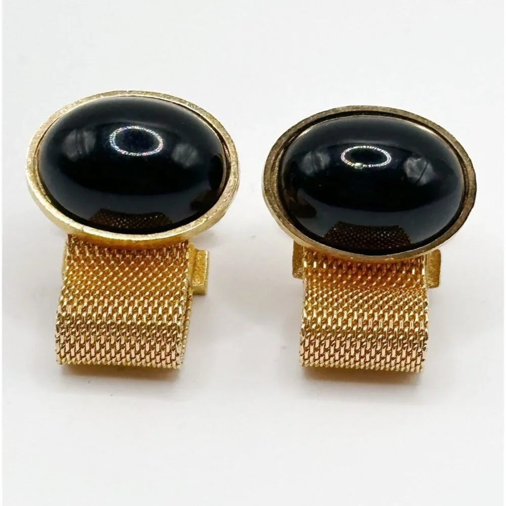 Vintage Dante Cufflinks Gold Tone, Wire Mesh Adorned with Black Stones Cufflinks